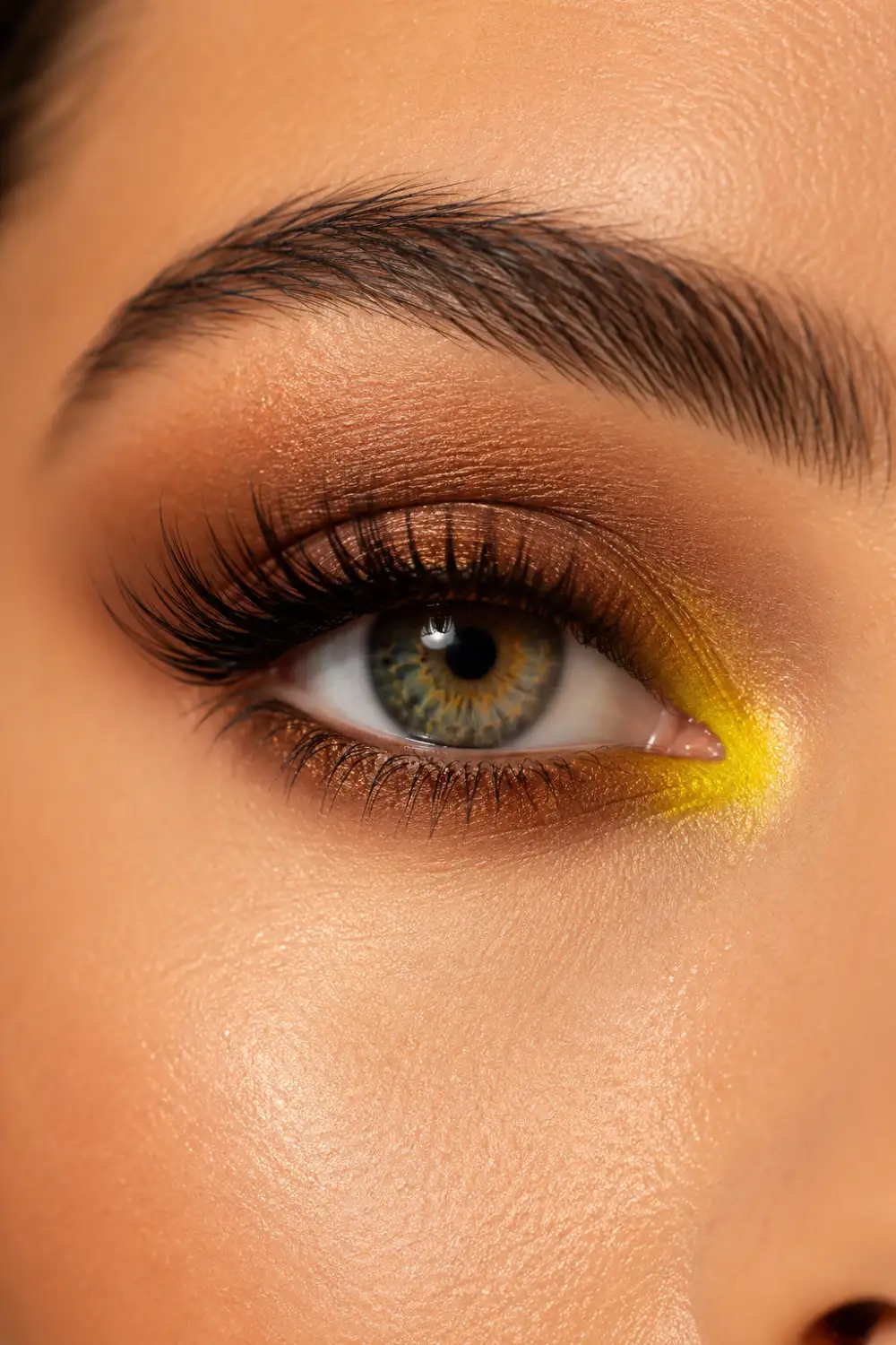 Warm brown eyeshadow makeup with bright yellow inner corner highlight, dramatic lashes, glowing skin texture, and creative summer beauty styling inspired by sunshine tones.