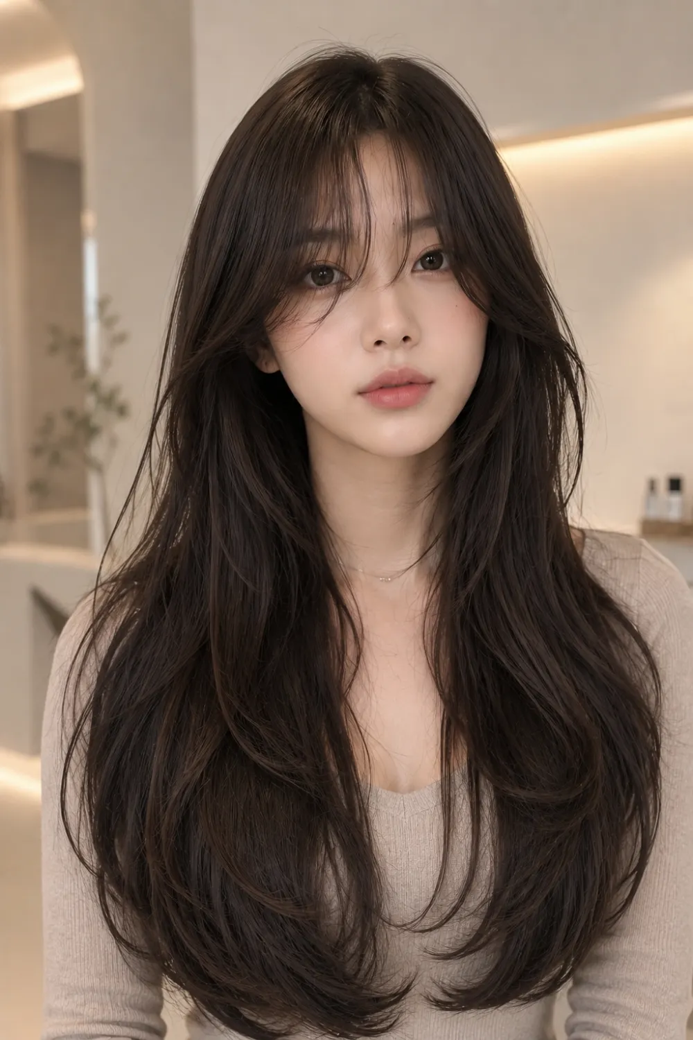 Woman with airy curtain fringe and loose waves featuring long voluminous layered hair in a salon.