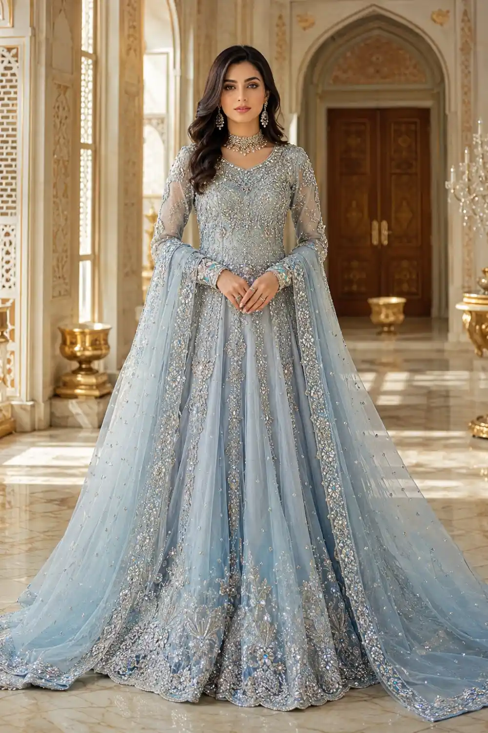 Ice blue Pakistani fairytale maxi dress featuring silver embroidery, sparkling crystal embellishments, delicate beadwork, and a flowing embellished dupatta. Designer formal gown perfect for engagement parties, wedding receptions, formal events, and luxury Pakistani fashion collections.