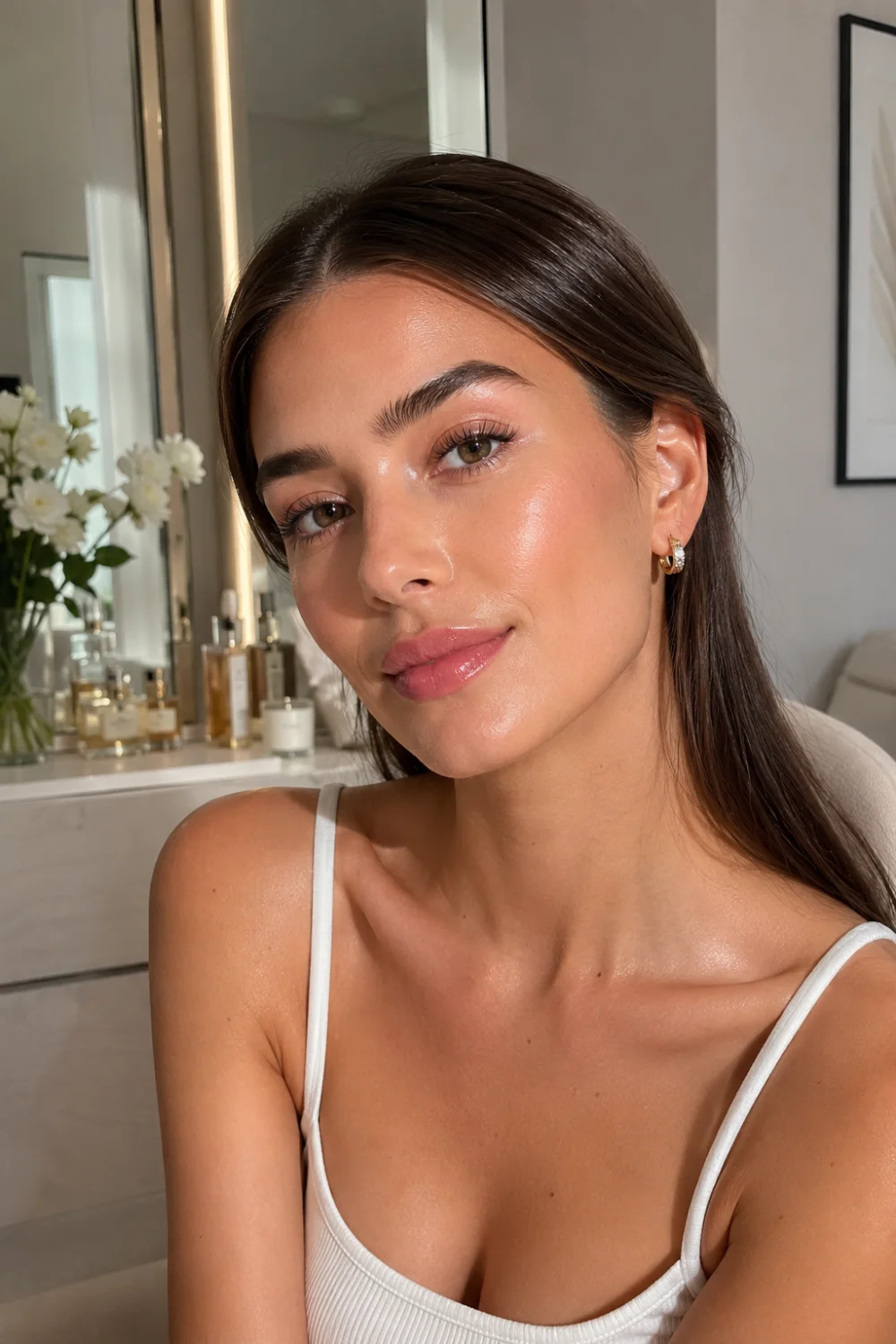 Beautiful woman with soft brown tightline eyeliner, luminous skin, natural lashes, glossy lips, and subtle eye definition sitting in a luxury home vanity room, creating an elegant and effortless no makeup makeup appearance.