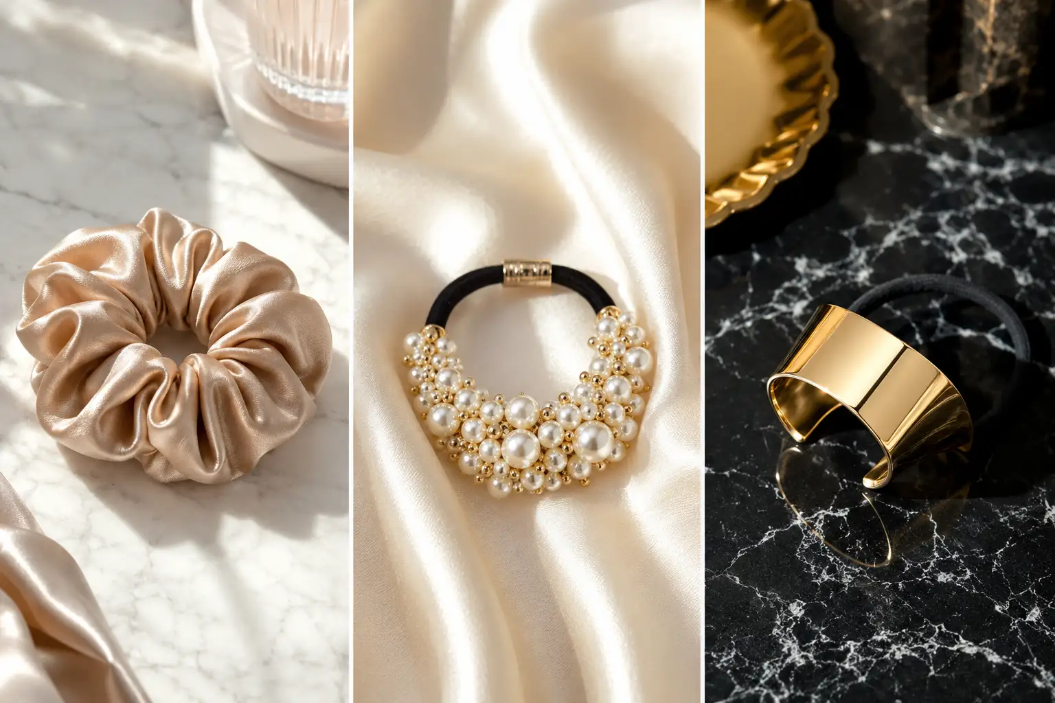 Luxury fashion collage featuring three stylish ponytail holders arranged in a premium vertical grid layout. The image showcases a champagne beige Mulberry silk scrunchie on white marble, an elegant pearl embellished ponytail holder displayed on soft ivory satin fabric, and a polished gold metal hair cuff ponytail holder on black marble. High-end editorial styling with luxury textures, sophisticated feminine accessories, modern hair fashion trends, and designer-inspired beauty aesthetics perfect for elegant hairstyles and fashionable everyday looks.