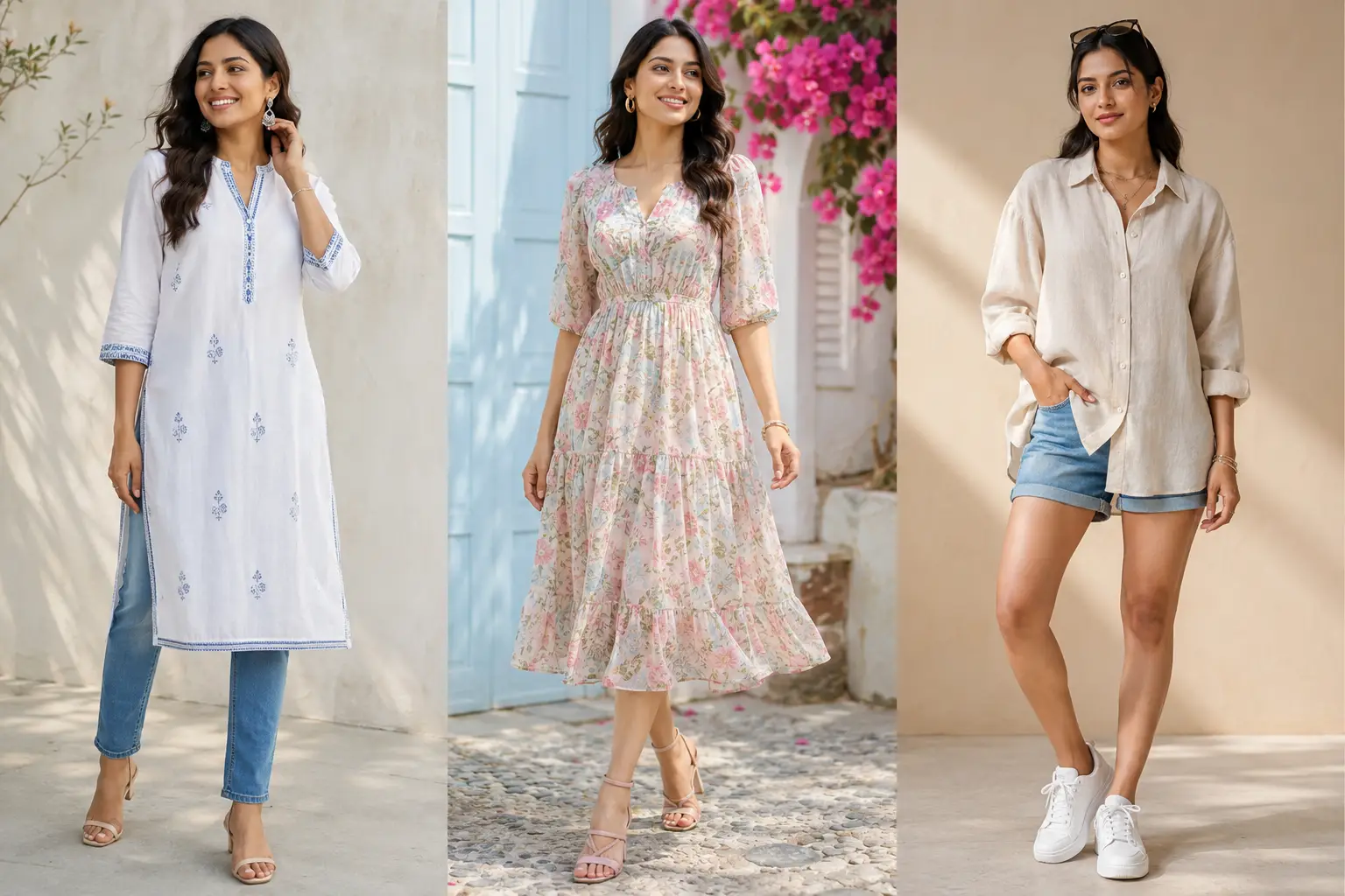 Collage featuring three fashionable Indian women wearing trendy summer outfits including a white cotton kurti with blue jeans, a pastel floral midi dress with sandals, and an oversized linen shirt paired with denim shorts and white sneakers, stylish casual summer fashion inspiration for Indian girls, Summer Outfit Ideas for Indian Girls.