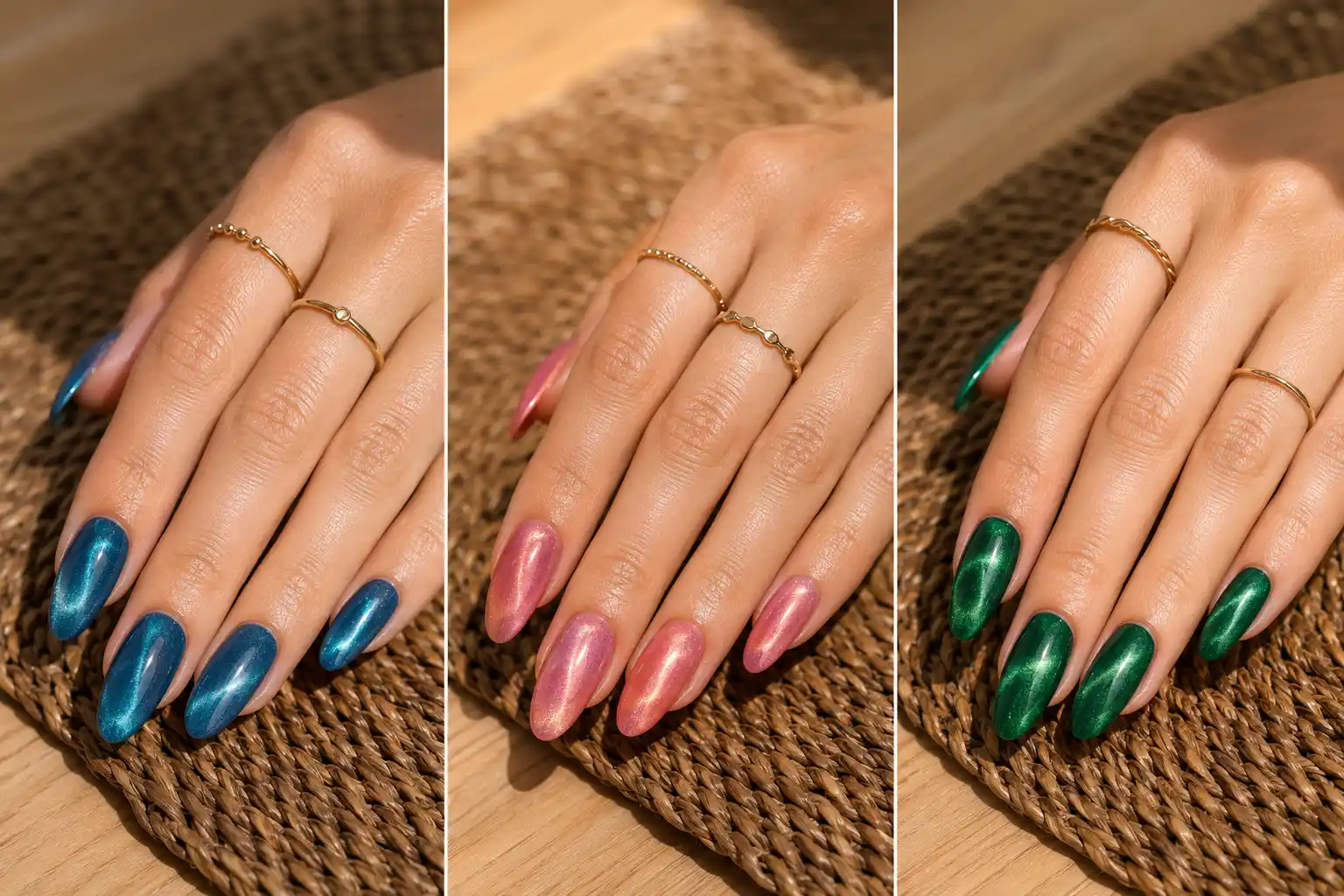Featured image showcasing three trendy summer cat eye nails designs in a side-by-side collage, including ocean blue, pink sunset, and emerald green magnetic shimmer nails on elegant almond-shaped nails resting on a brown woven rug with gold rings and warm natural sunlight.