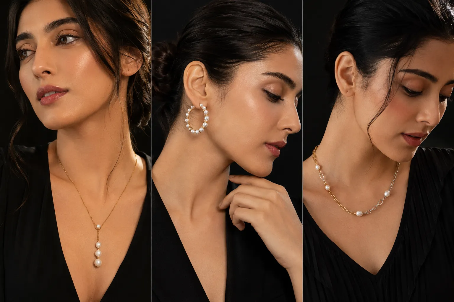 Luxury pearl jewelry collage featuring a woman wearing a pearl drop pendant necklace, pearl hoop earrings, and a modern pearl chain necklace. Elegant black outfit, glowing makeup, dark studio background, and contemporary pearl jewelry ideas for women in 2026.