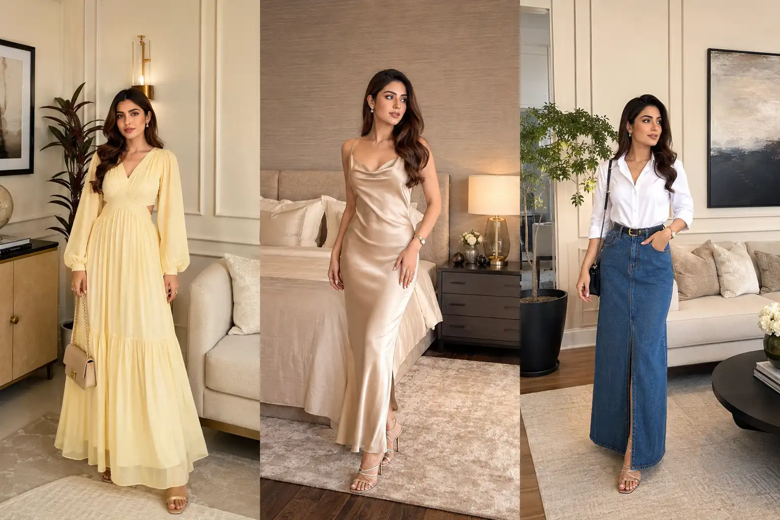 Collage featuring three stylish summer Best Date Night Outfit Ideas for women including a butter yellow maxi dress, champagne satin slip dress, and white button down shirt with denim maxi skirt, showcased in luxurious apartment interiors with elegant décor, trending Summer 2026 fashion inspiration for romantic evenings and chic date night style.