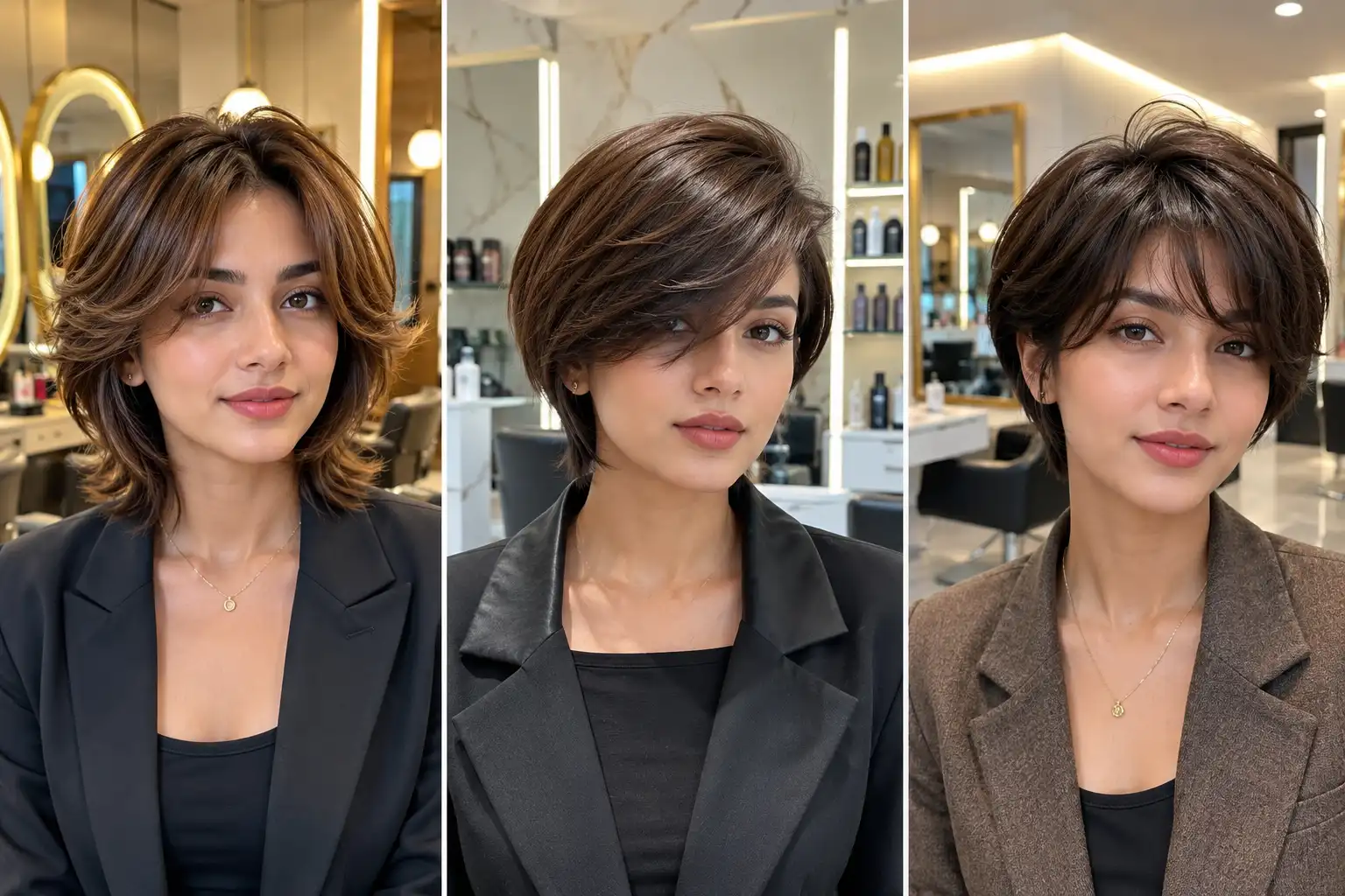 Collage featuring three stylish women with trendy bixie haircuts in a luxury hair salon, showcasing layered bixie hairstyles, soft volume, face framing texture, and modern short hair trends that are set to dominate Summer 2026 for women seeking chic and fashionable haircut inspiration.