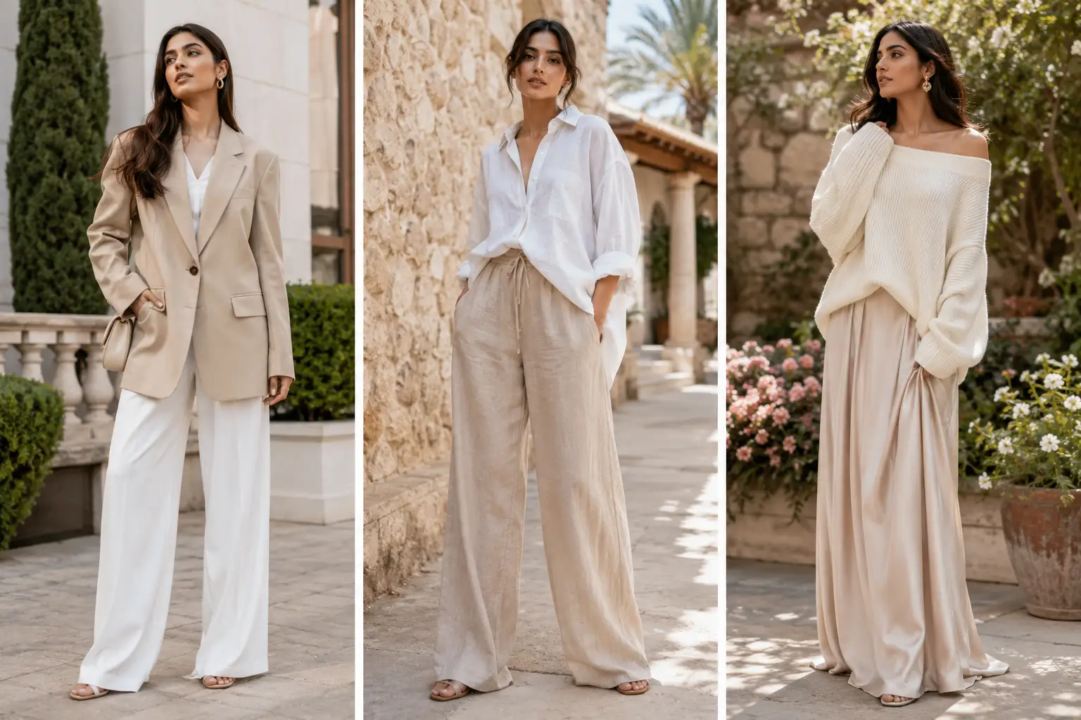 Collage featuring three stylish oversized outfit ideas for women including an oversized beige blazer with white wide leg trousers, an oversized white button up shirt with relaxed linen pants, and an oversized off shoulder knit sweater paired with a flowing satin maxi skirt. Elegant neutral fashion looks showcasing trendy oversized clothing, chic minimalist style, classy streetwear inspiration, and modern outfit ideas for girls.