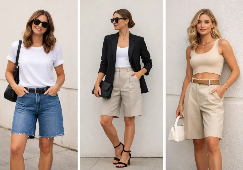 Fashion collage showing three stylish Bermuda shorts outfit ideas including a casual denim Bermuda shorts look with a white t shirt, a chic blazer outfit with tailored Bermuda shorts and heels, and a trendy crop top with beige Bermuda shorts creating modern summer outfit inspiration.
