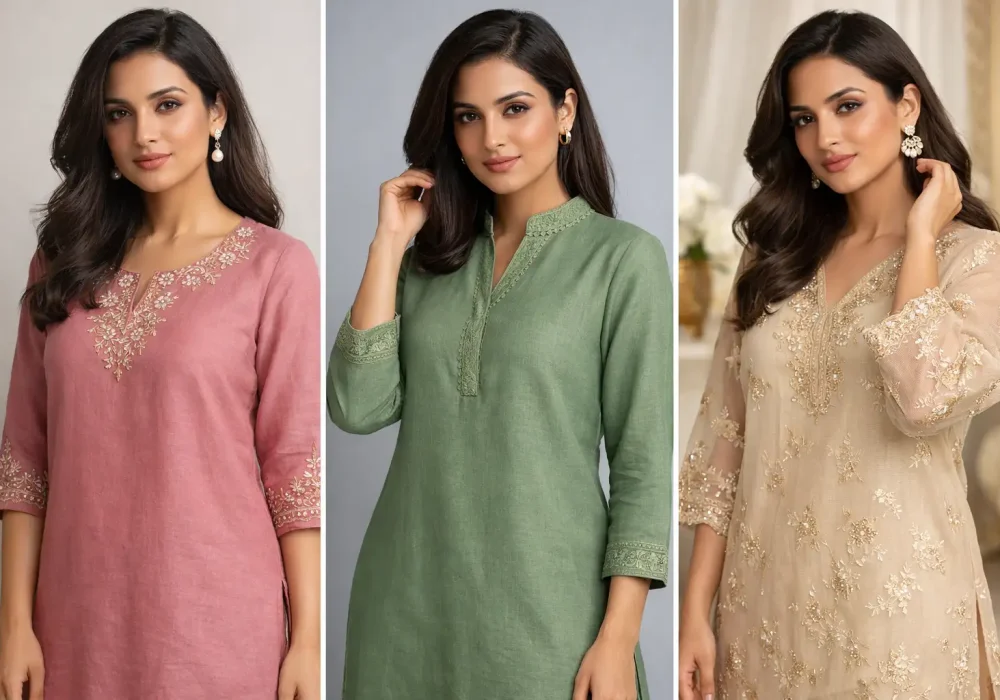 Three elegant designer kurti designs featuring dusty rose embroidered kurti, sage green minimal kurti and champagne beige embroidered kurti, modern Pakistani fashion inspiration for stylish women outfits.