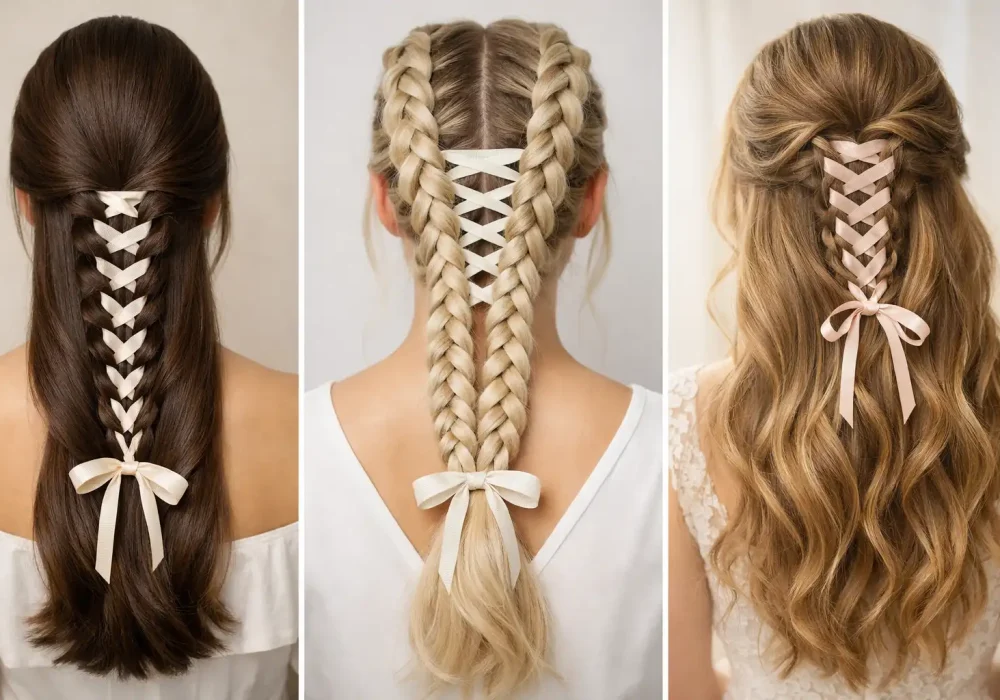 Three corset braid hairstyles collage featuring ribbon lace braids including classic corset braid, double dutch corset braids, and half up corset braid hairstyle, elegant braided hair ideas for long hair
