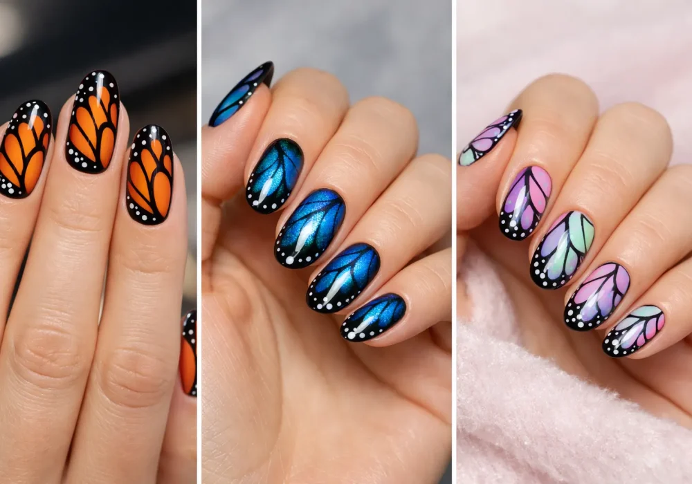 Collage of three butterfly wing nail designs showing monarch orange wings, blue morpho butterfly nails, and pastel butterfly wing manicure on full female hands with glossy gel nails
