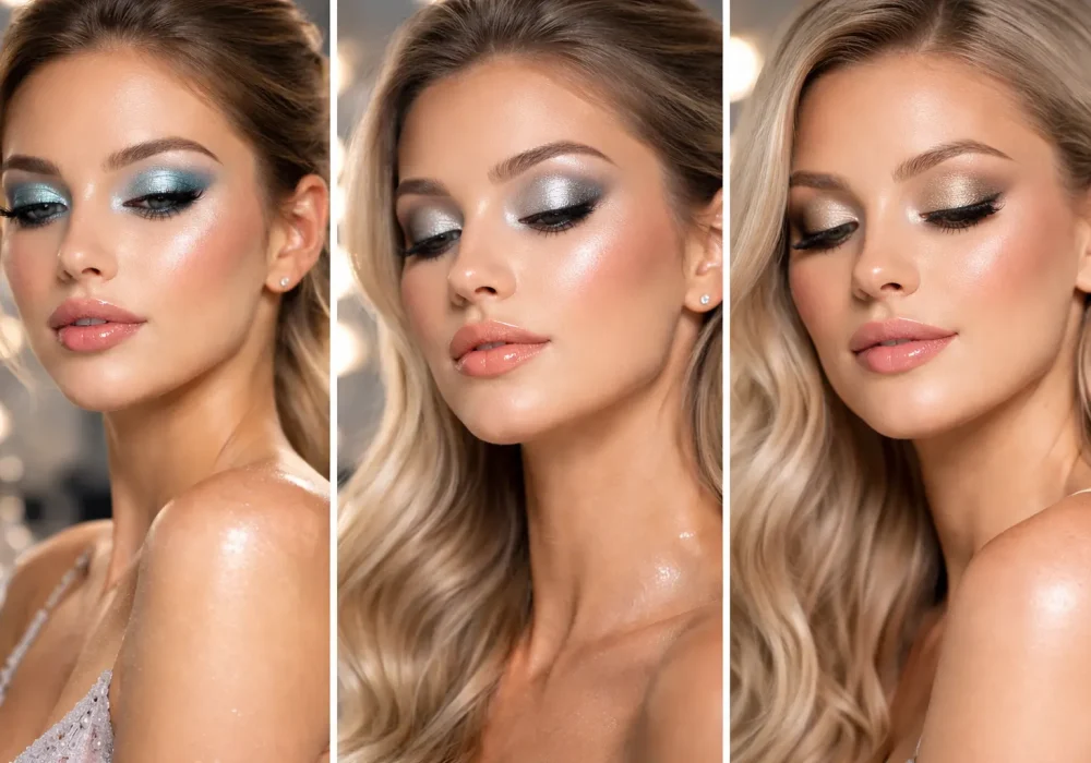 Collage of three frosted makeup looks featuring icy blue and silver shimmer eyeshadow, glowing highlighted skin, and glossy nude lips in a professional makeup salon photoshoot beauty style.