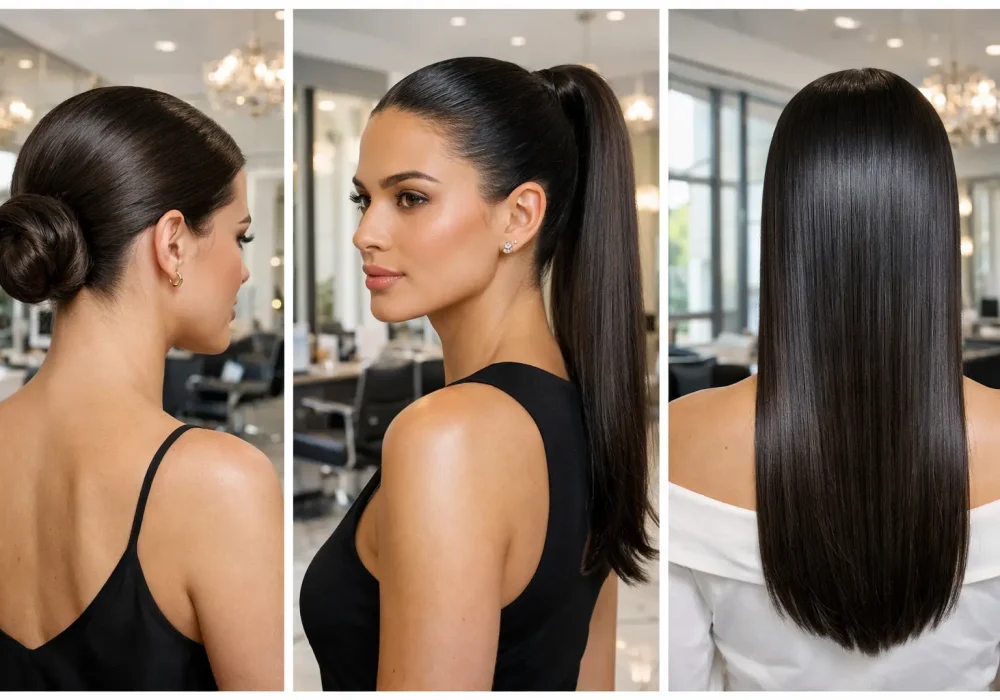 Elegant slicked back hairstyles collage showing sleek low bun, glossy high ponytail, and long straight hair styled in a luxury salon, modern polished hairstyle inspiration.