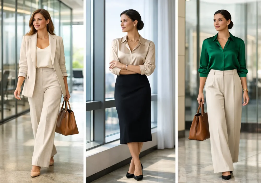 Collage of three elegant women wearing chic summer work outfits including linen suit, satin blouse with pencil skirt, and silk blouse with tailored trousers in a modern office setting.