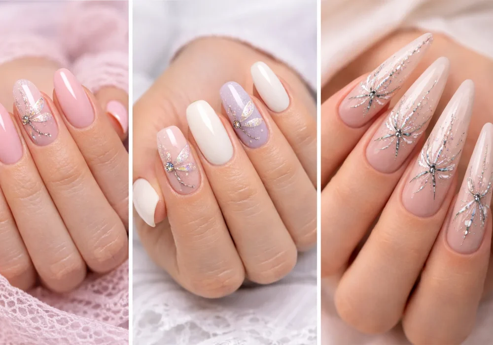 dragonfly nail art collage with soft pink nude and glitter manicure designs trendy elegant nails inspiration
