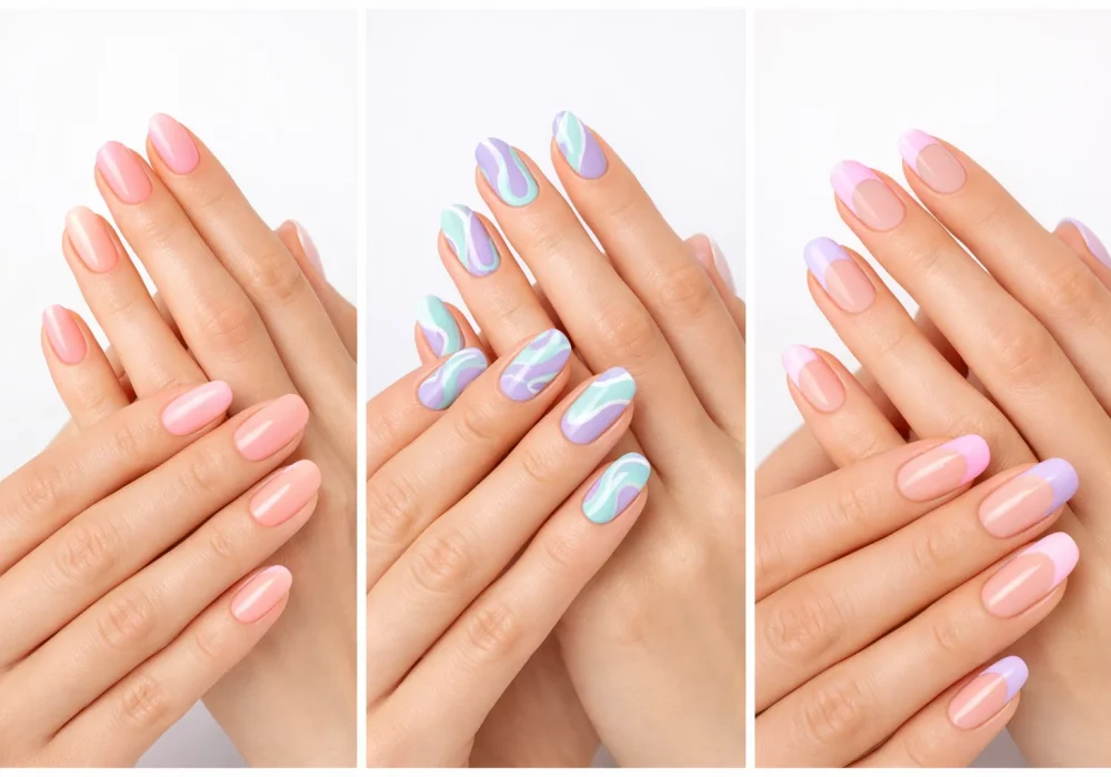 Collage of three pastel nail ideas designs on slim feminine hands featuring soft pink ombre nails, pastel swirl nail art in lavender and mint, and pastel French tip nails, glossy finish, clean bright background
