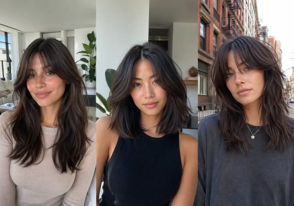 horizontal featured image showing three women with curtain bang hairstyles long layered hair soft waves lob and shag cut head to chest portraits in realistic indoor and urban backgrounds natural lighting high detail hair texture