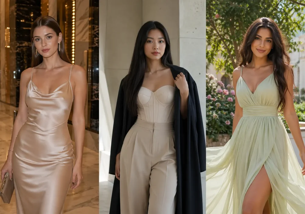 3 graduation outfit ideas collage satin slip dress corset top wide leg trousers and flowy chiffon maxi dress modern chic stylish graduation looks for women