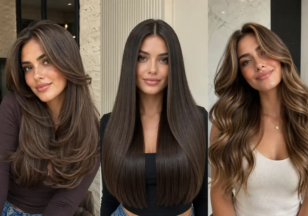 blowout hairstyles collage featuring voluminous blowout sleek straight hair and soft waves glossy shiny salon fresh hair modern beauty styles high shine smooth texture luxury hair looks