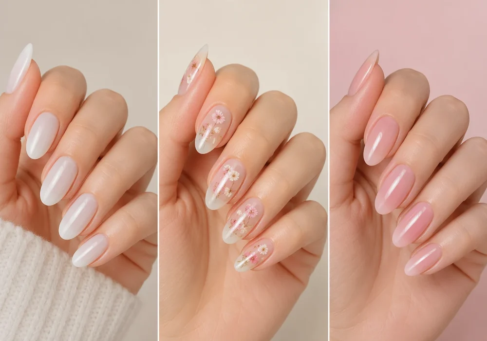 milk bath nail designs collage three styles classic milky white floral milk bath nails strawberry milk pink nails glossy almond shape clean girl aesthetic manicure 2026