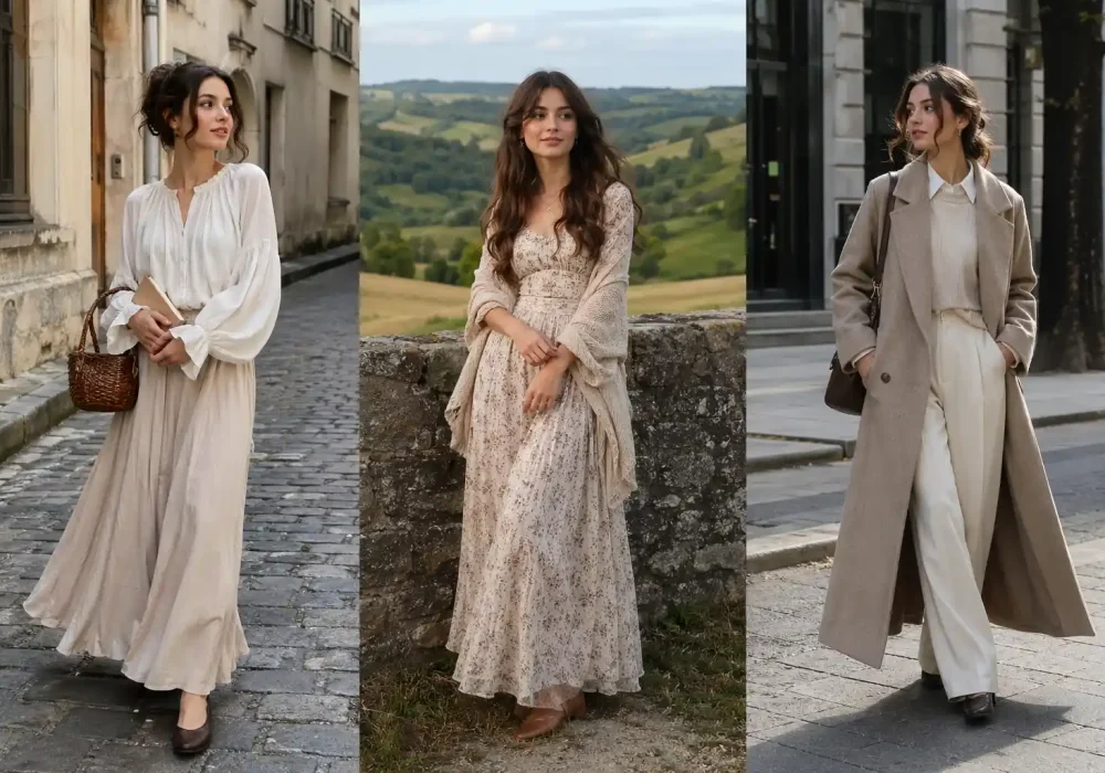 poetcore outfit ideas 3 looks full body romantic aesthetic outfits neutral tones vintage style blouse skirt floral dress shawl long coat layered outfit street and countryside backgrounds