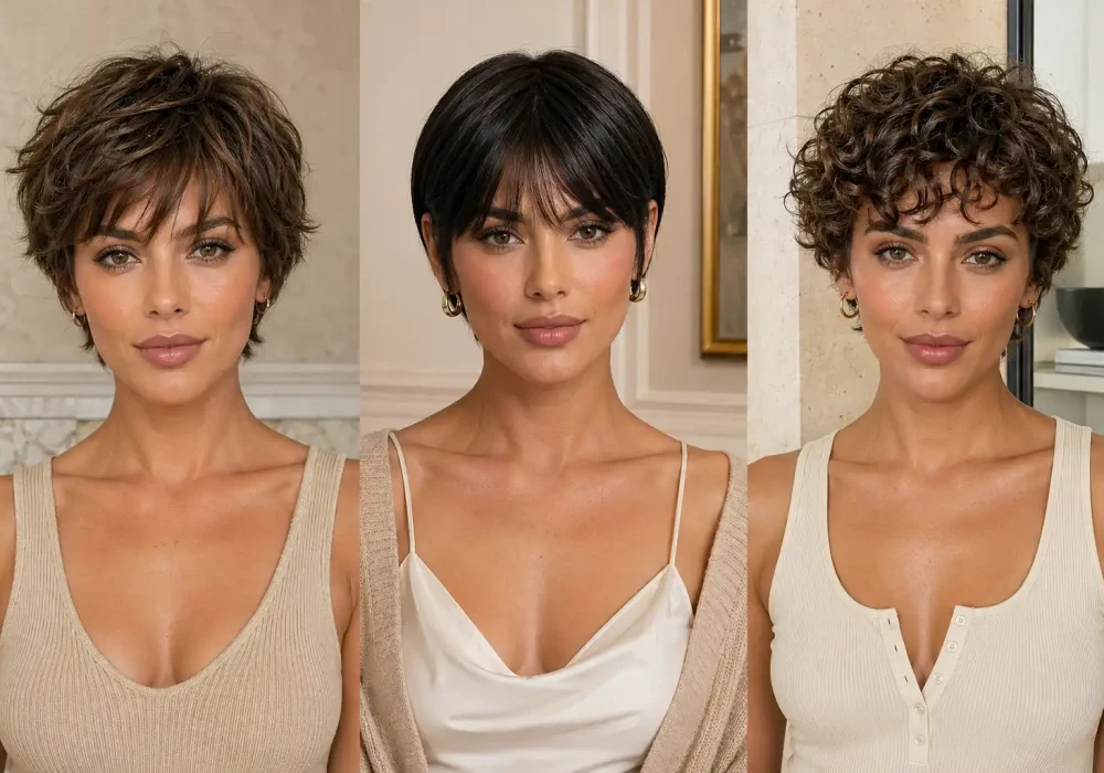 bixie haircut collage featuring three styles classic textured bixie sleek polished bixie and curly bixie short haircut ideas for women modern trendy bixie hairstyles grid
