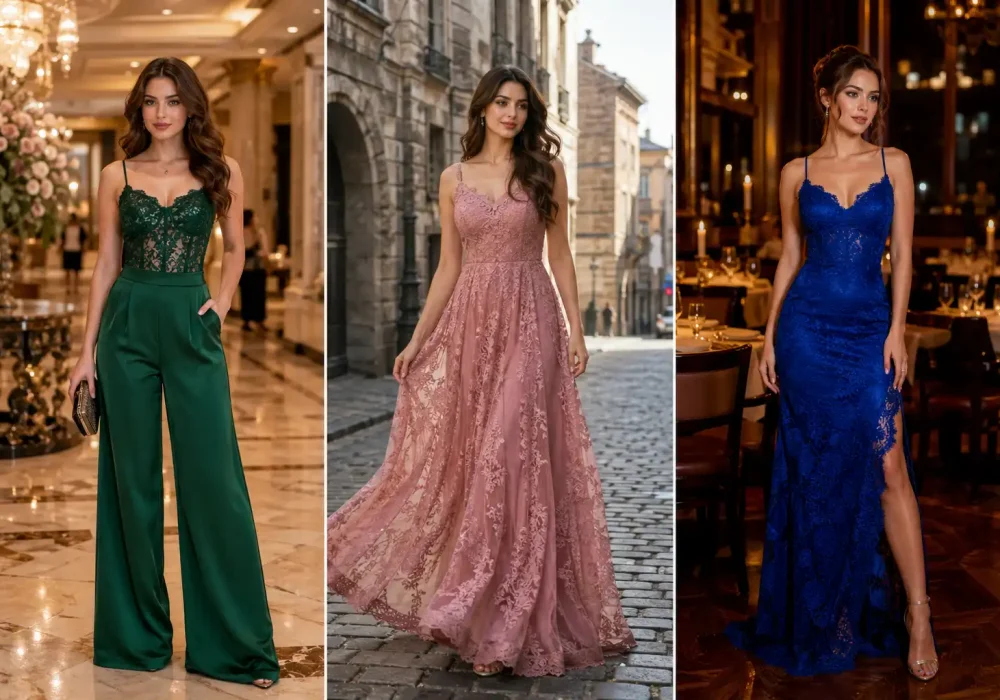 three panel lace outfit ideas collage featuring emerald green lace corset with wide leg pants in luxury hotel, dusty rose lace gown in european street, royal blue lace evening dress in restaurant setting, elegant feminine fashion inspiration, high end lace outfit ideas 2026