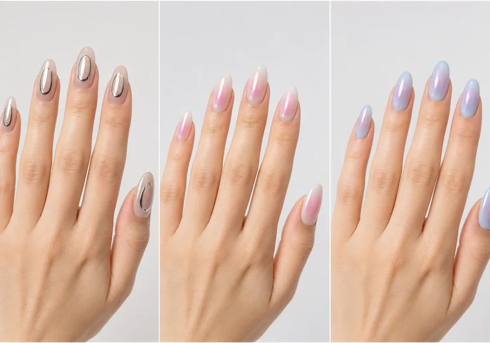 halo nail designs collage chrome halo nails soft pink aura nails lavender blue halo nails glossy almond gel nails clean minimal manicure modern aesthetic trending nail designs pinterest style