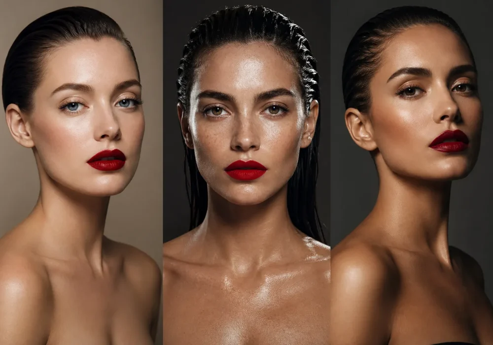 Three-panel red lip looks collage featuring women with bold red lipstick and slicked-back hairstyles, including classic low bun, wet look hair, and sculpted glam finish, flawless glowing skin, high-end editorial lighting, neutral and dark backgrounds, modern power glam makeup inspiration with strong facial definition and luxury aesthetic.