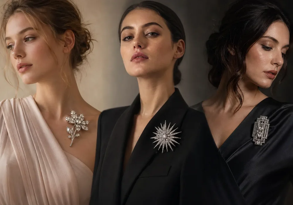 Three elegant female models styled in a horizontal editorial layout wearing vintage crystal brooch ideas on dresses and blazers, including floral, starburst, and Art Deco designs, soft studio lighting, luxury fashion styling, high-end 2026 brooch trend inspiration