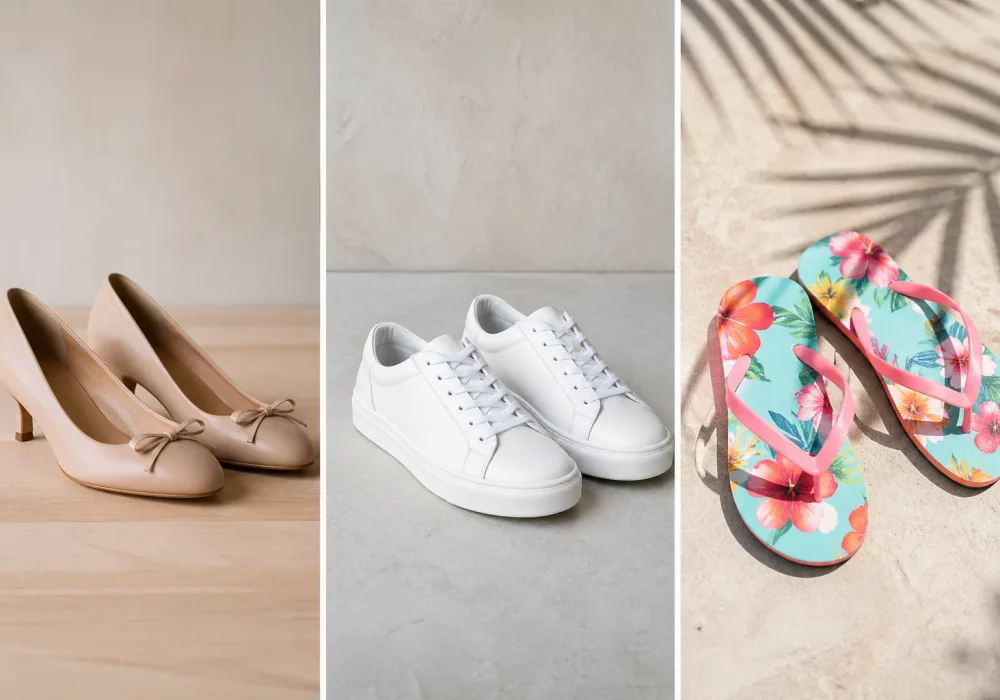 Three panel grid featuring beige ballet heels on wooden surface, clean white minimal sneakers on neutral background, and colorful floral flip flops on sunlit stone floor, modern spring shoe trends showcasing minimalist, casual, and vibrant footwear trends in one aesthetic composition