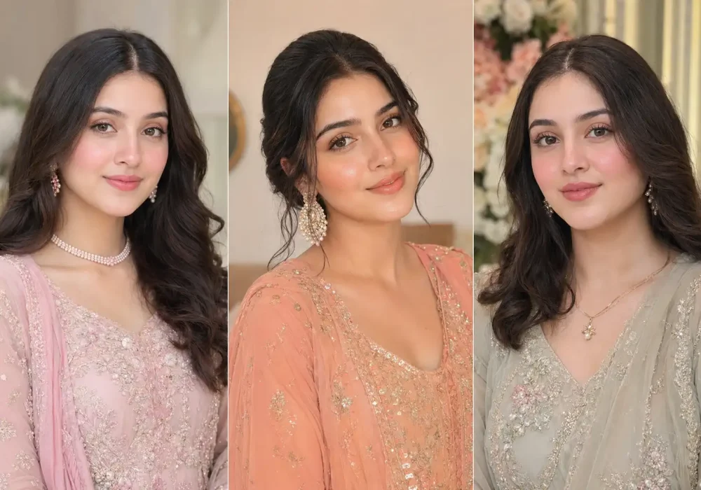 3 panel bridesmaid blush looks collage with soft rosy glow, peach dewy blush and natural pink blush, Pakistani bridesmaids in pastel outfits, face to chest portraits, salon lighting, flawless glowing skin