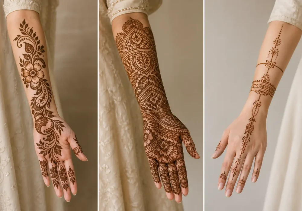 horizontal featured image showing three bridal full sleeve mehndi designs in a clean grid layout, left side Arabic floral flowing mehndi, center heavy traditional intricate mehndi, right side minimal modern mehndi design, all hands from fingertips to elbow with clear detailed henna patterns, soft neutral background, professional bridal photography style