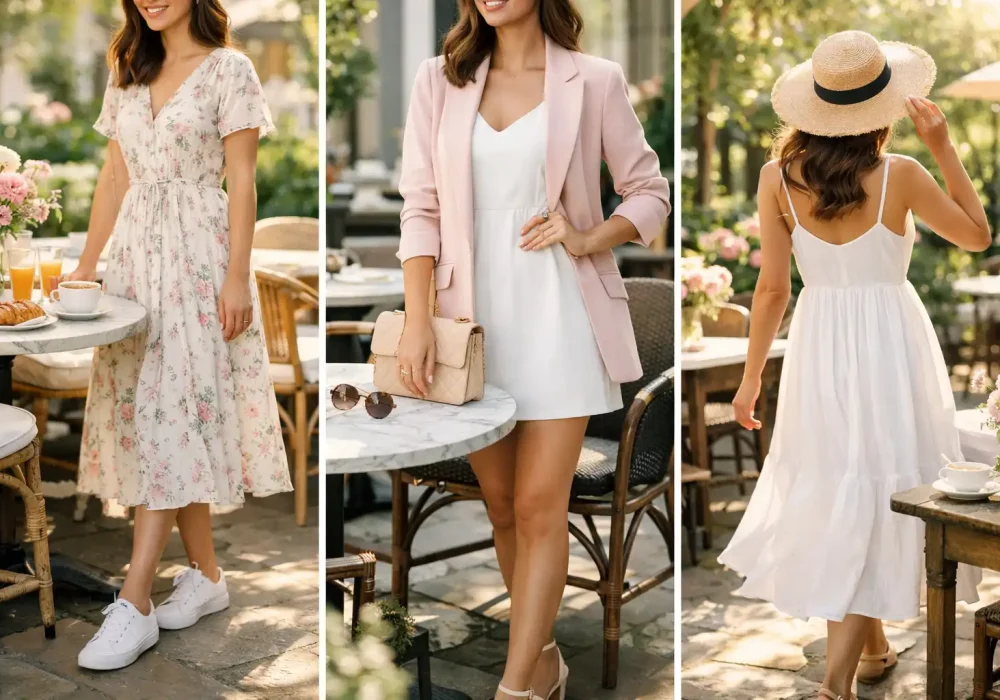 Three stylish Spring Brunch Outfit Ideas shown in a horizontal collage featuring a floral midi dress with sneakers, a pastel blazer with a mini dress, and a white sundress with straw hat at a sunny outdoor café setting