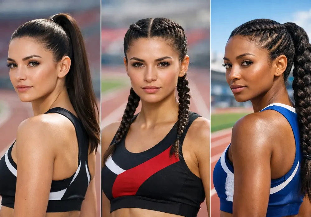 Collage of Track Hair Inspo female track athletes showing sleek ponytail, boxer braids, and braided ponytail hairstyles on stadium running track, sporty hair inspo for runners and athletic training looks