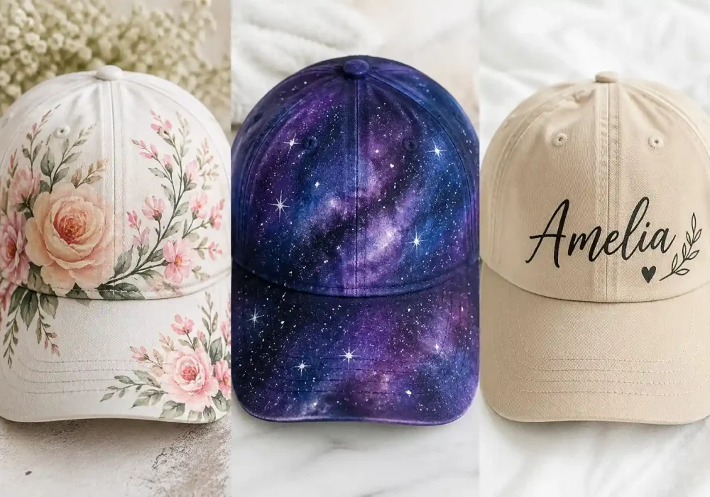 Three hand painted caps side by side featuring floral design, galaxy night sky pattern, and personalized name lettering, aesthetic DIY painted hat ideas collage