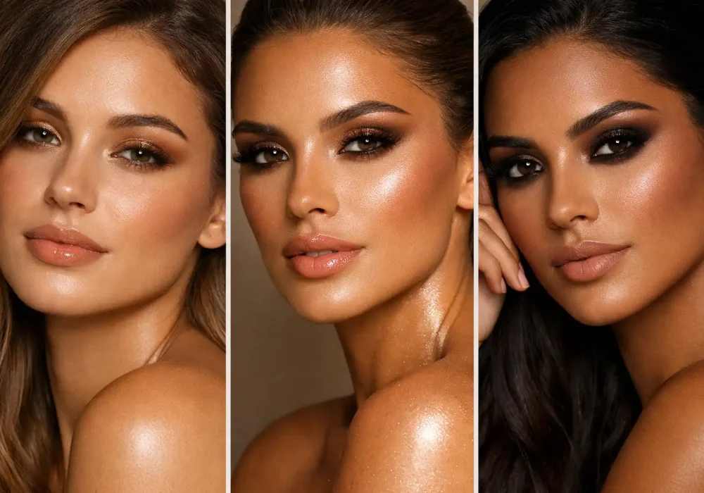 Latte makeup collage featuring three stunning soft glam looks with caramel eyeshadow glowing bronzed skin and nude lips creating a warm coffee inspired beauty aesthetic trending on Pinterest makeup boards.