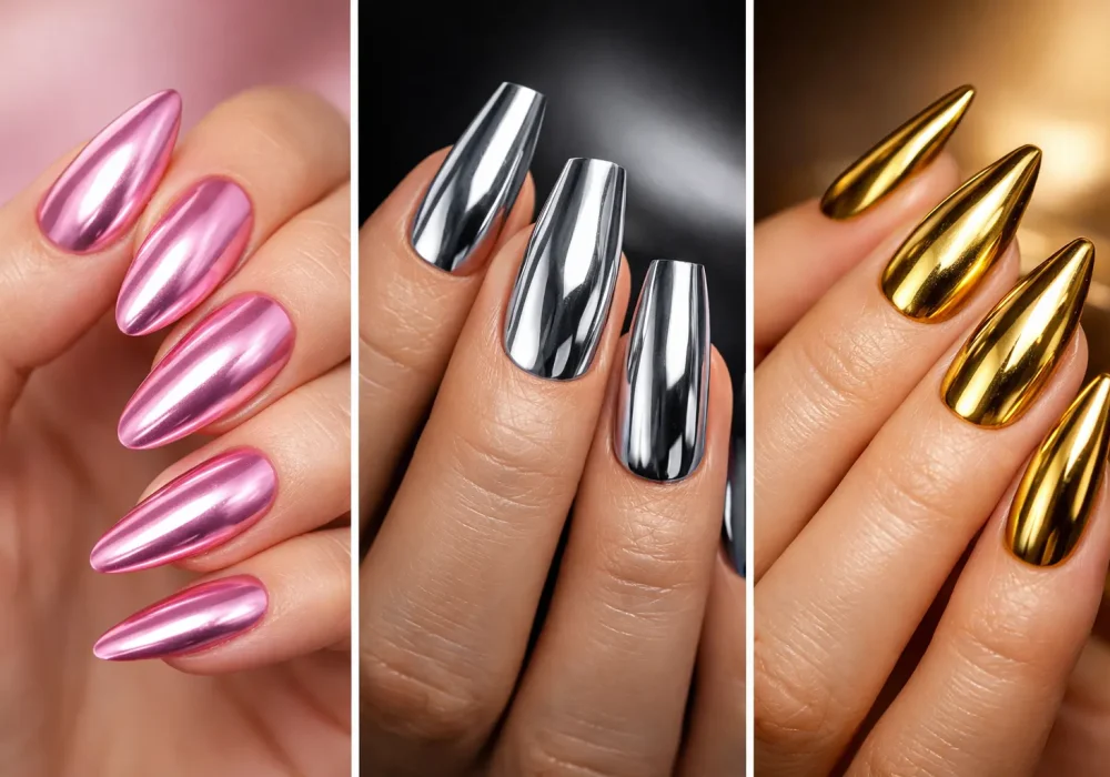 Chrome nail ideas collage featuring pink chrome nails, silver chrome nails, and gold chrome nails with mirror metallic shine on almond shaped manicures, glossy reflective chrome nail inspiration for trendy modern manicures