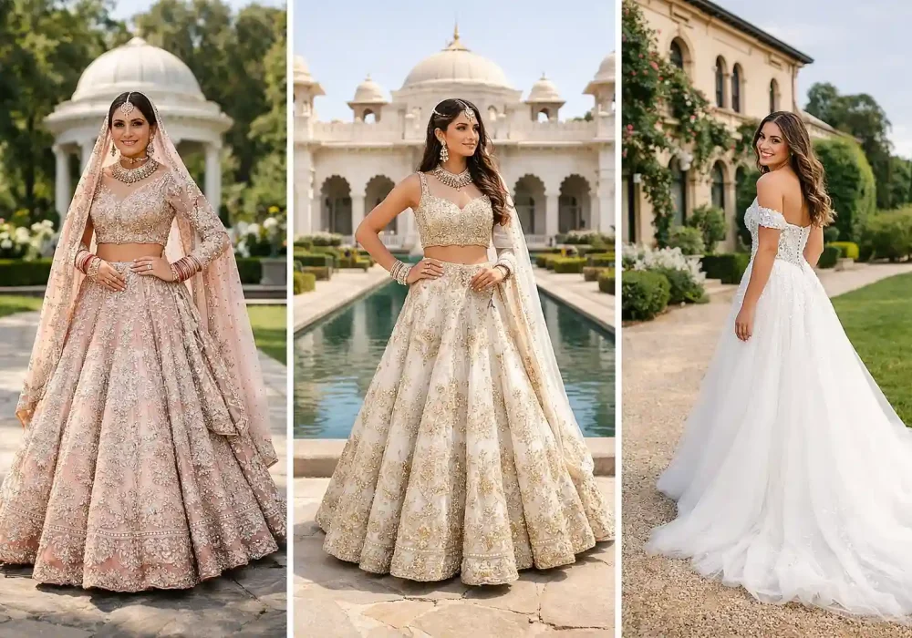Elegant collage showing three modern Indian bridal dress including a pastel pink embroidered lehenga, champagne gold bridal lehenga, and a white bridal gown photographed in beautiful outdoor wedding venues.