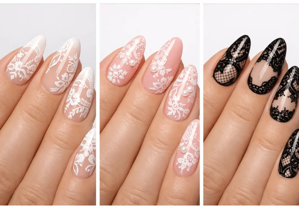Collage of elegant lace nail designs featuring white lace manicure, pink lace nails with pearl accents, and black gothic lace nail art on almond shaped nails, glossy salon manicure showcasing trending lace nail designs and bridal nail inspiration for modern elegant nail styles