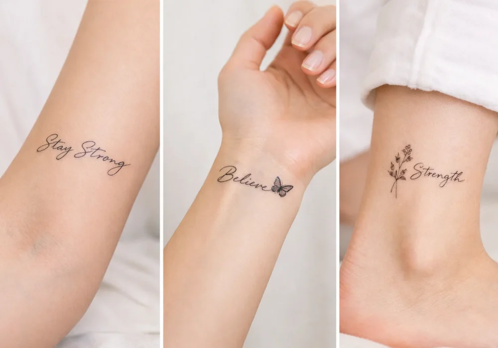 Minimal strength tattoos for women on wrist and ankle featuring Stay Strong Believe and Strength script designs, delicate feminine word tattoos trending on Pinterest for empowering tattoo ideas.