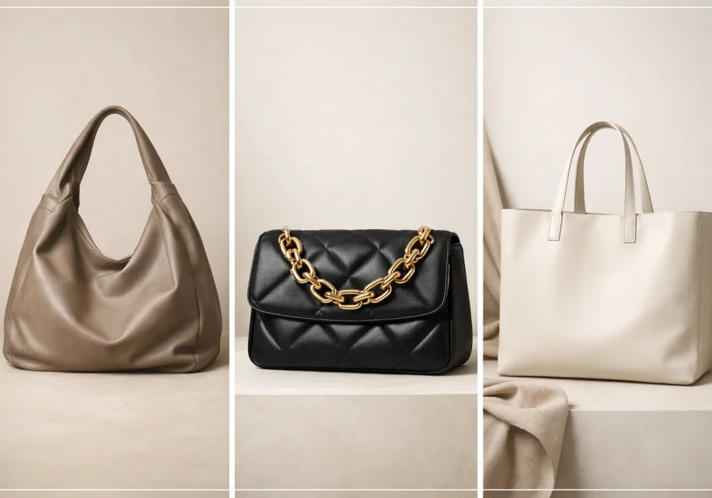 Stylish collage featuring three handbag trends including slouchy hobo bag, chain handle quilted handbag, and minimalist tote bag representing top handbag trends for women fashion 2026.