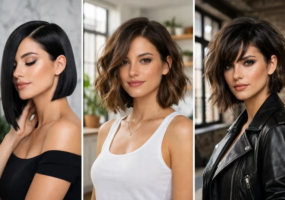 Collage of three women with stylish asymmetrical lob hairstyles including sleek straight lob, soft wavy lob, and textured choppy lob, modern haircut inspiration photoshoot.