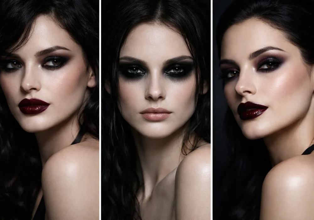 Dark romantic makeup collage featuring three dramatic beauty looks with burgundy lips smoky eyes porcelain skin and elegant gothic glam aesthetic perfect for dark feminine makeup inspiration