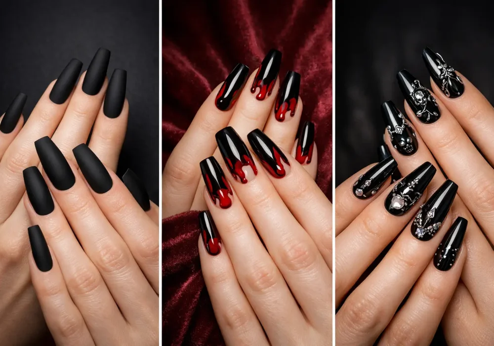 Gothic coffin nail designs featuring matte black nails, red blood drip nail art, and rhinestone gothic manicure on long coffin shaped nails perfect for dark glam nail inspiration.