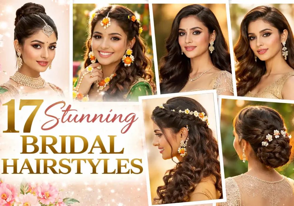Horizontal featured collage image showcasing 17 stunning bridal hairstyles including high bridal buns, half-up braided styles, voluminous side-swept waves, sleek straight center-part hair, floral mehndi curls, and intricate low braided buns, styled with traditional wedding jewelry and elegant bridal outfits against a soft golden festive background