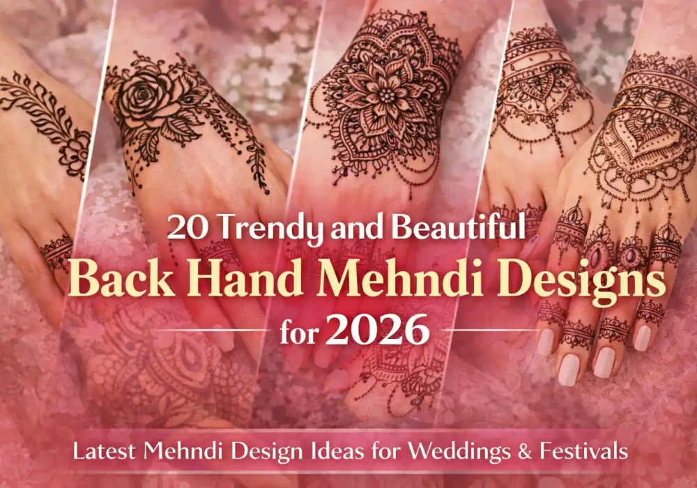 Horizontal featured image collage of trending back hand mehndi designs with bold headline text for weddings and festive henna inspiration