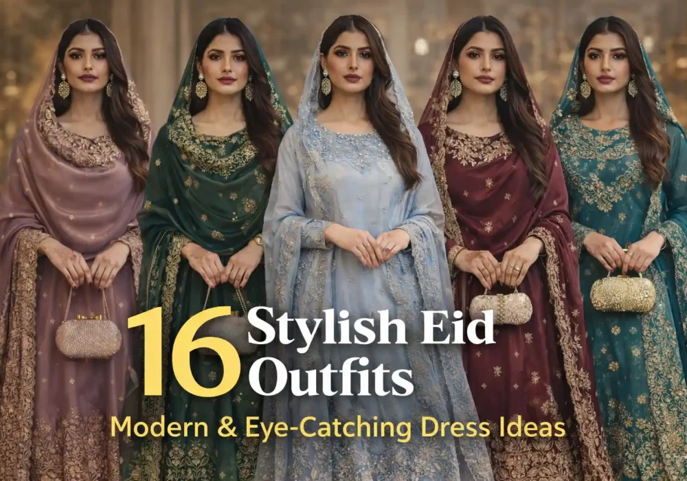 16 stylish Eid dressescollage for women featuring modern Pakistani dresses, elegant festive Anarkali and kurta sets, trendy Eid outfit ideas