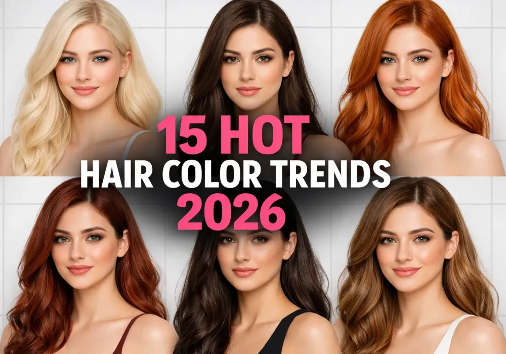 15 hot hair colors trends 2026 collage featuring blonde, brunette, copper red, and caramel balayage shades, modern women's hair color inspiration for trendy salon looks