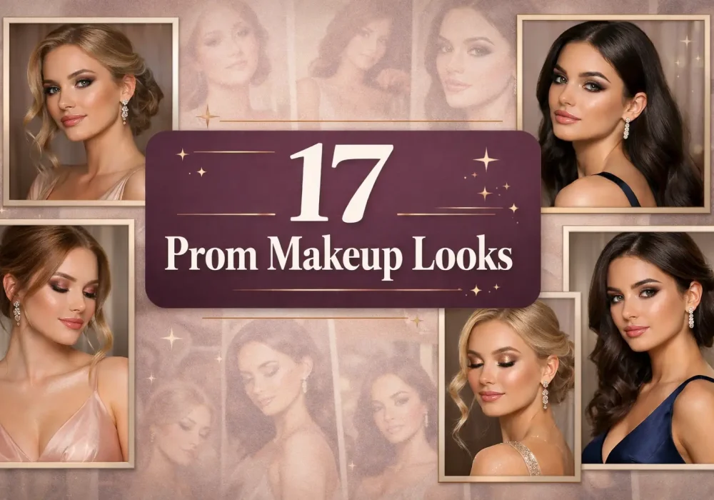 17 prom makeup looks collage showing glam, soft, and elegant makeup styles for prom night
